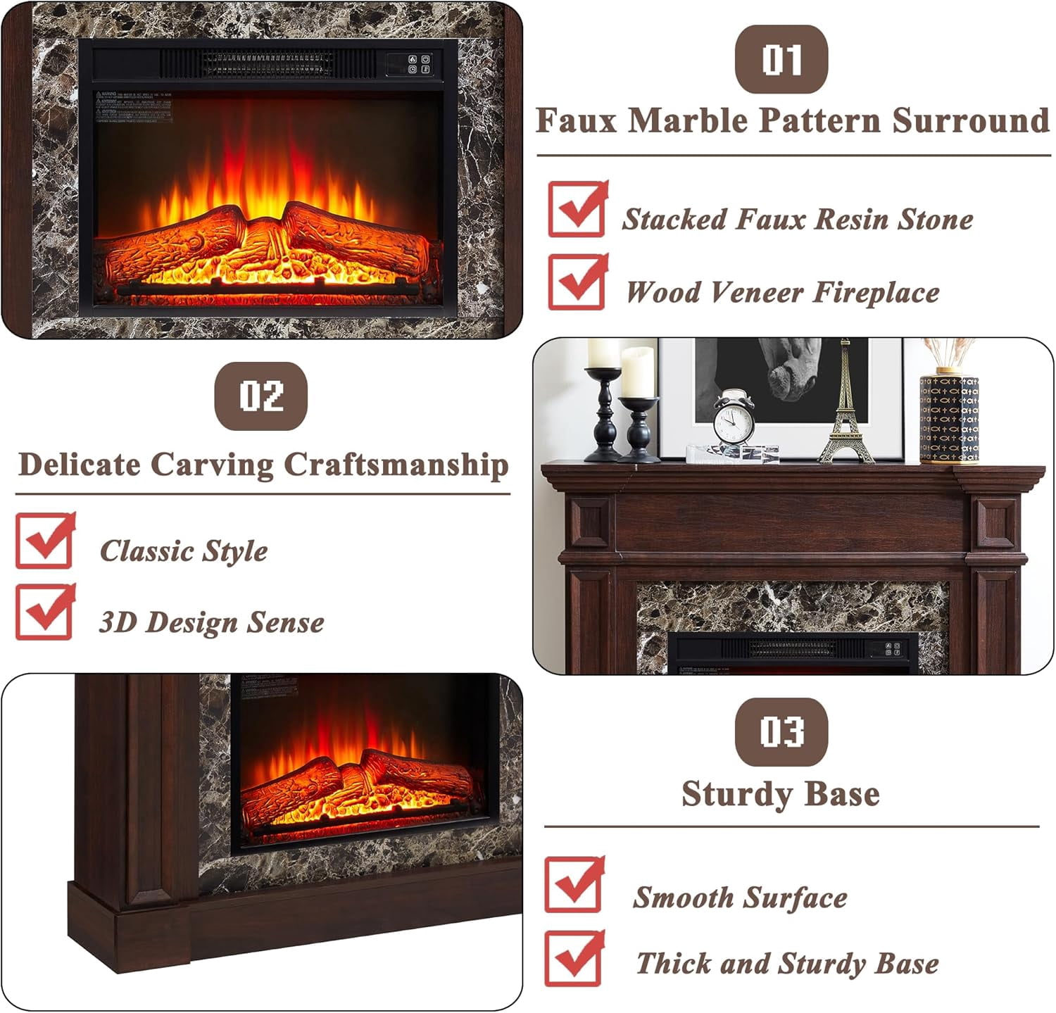 45" Electric Fireplace with Mantel, Faux Marble Pattern Surround, Freestanding Fireplace Heater with Timer & LED Flame, 23" Fireplace Insert (Cherry)
