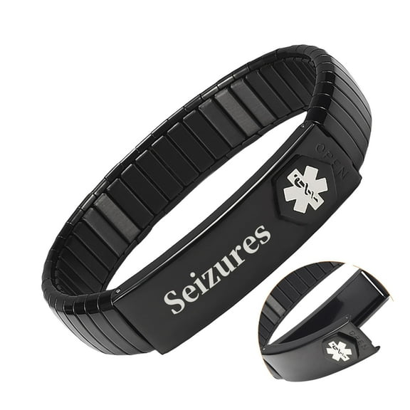 Wollet Black Stainless steel Stretch Seizures Medical Alert Bracelet for Women or Men, 7.48", Black