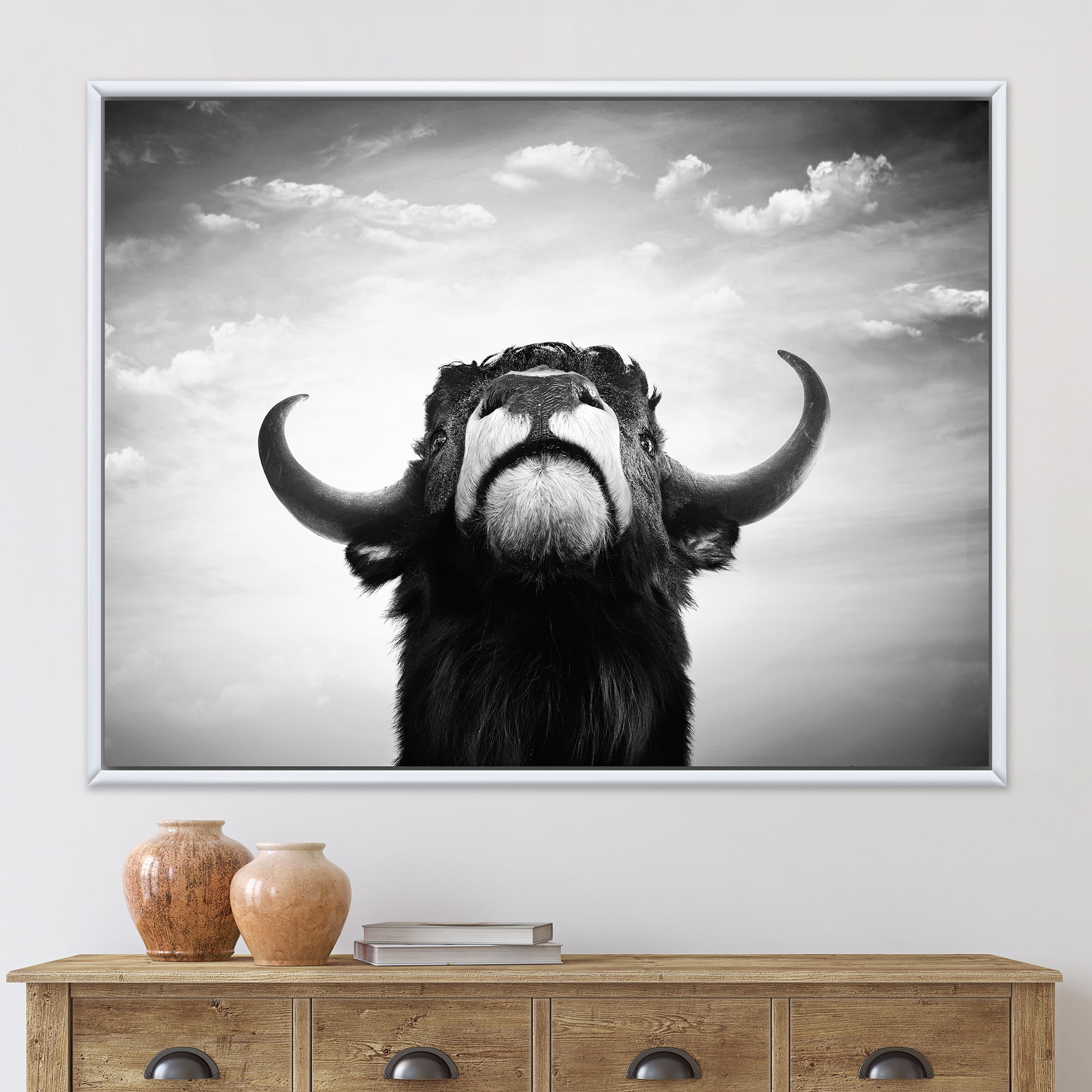 Black and White Portrait Of A Spanish Bull I 40 in x 30 in Framed Photography Canvas Art Print, by Designart