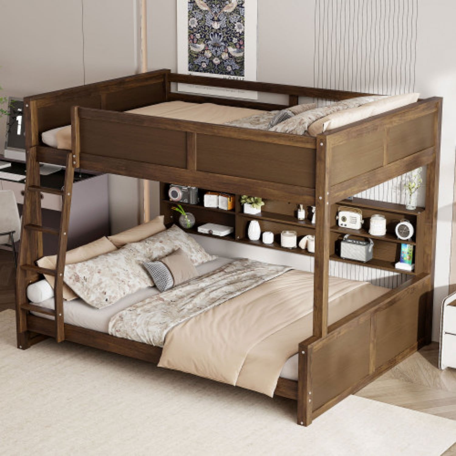 Queen over Queen Bunk Bed with Storage Cabinets & USB Ports, Solid Wood Frame, Space Saving Double Bunk Bed for Bedroom, Antique Wood, Natural
