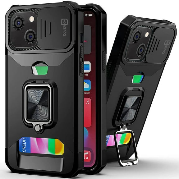 CoverON For Apple iPhone 13 Case, KickStand Ring Credit Card slot Camer Cover Phone Magnetic holder, Black