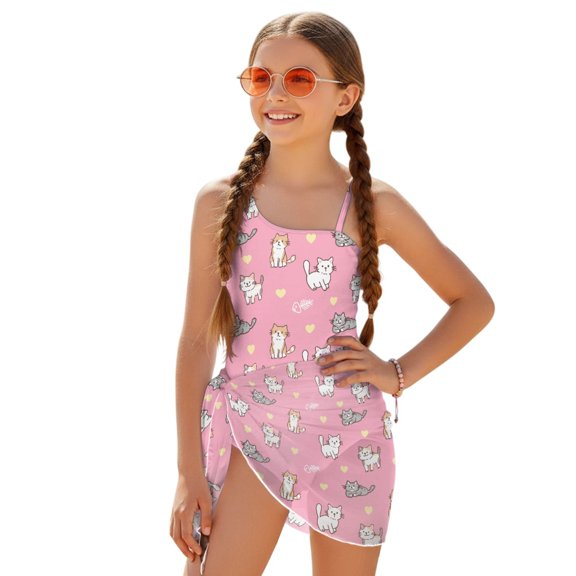 Tutolipy Cats Girls One Piece Swimsuits, Quick Dry Removable Bra Girls One Piece Bathing Suit for Summer 7-8 Years Old