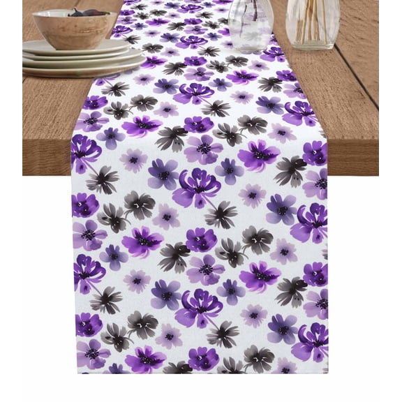 Purple Black Table Runner 70 Inches, Retro Flower Floral Wildflower Watercolor Bed Runner Dresser Scarves Tabletop for Indoor Outdoor Parties/Ceremony/Banquet, 13" x 70"