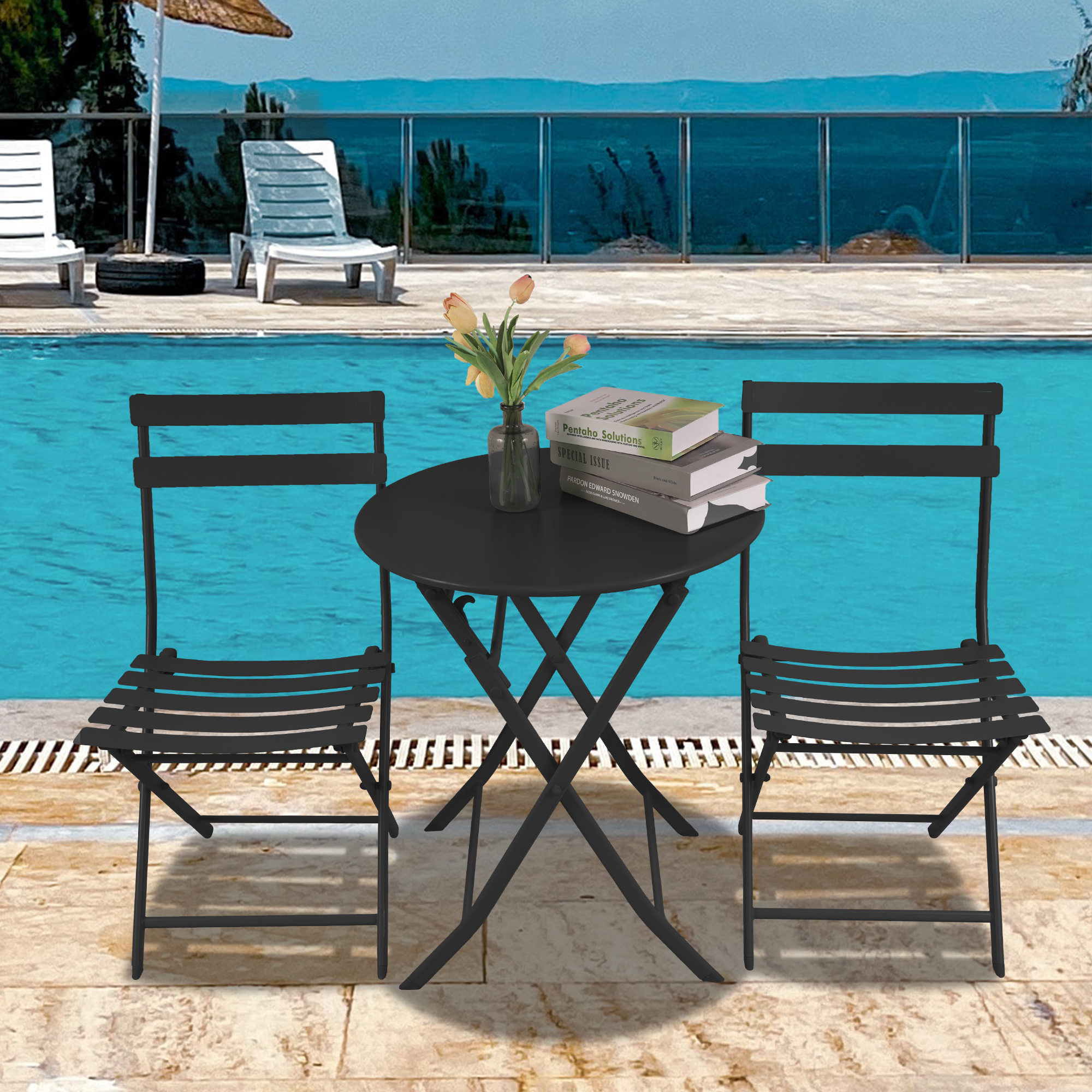 3 Pieces Folding Metal Patio Table Chairs Set Outdoor Bistro Set Black