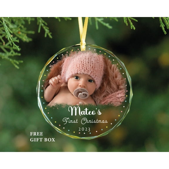 Baby Photo Glass Ornament Personalized Babys First Christmas Gift, Newborn Boy or Girl Holiday Picture Keepsake for Family