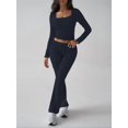 thumbnail image 5 of Lounge Sets for Women 2 Piece Casual Y2K Outfits Short Sleeve Cropped Tops Fold over Flare Pants Tracksuits Navy Blue S, 5 of 8