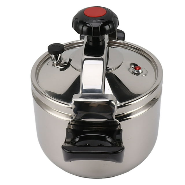 Household Stainless Steel Pressure Cooker Canner with explosion-proof double bottom design, ideal for gas stoves, induction stoves, and other heat sources. Features a shiny stainless steel finish, ergonomic black handle, pressure valve, and safety vent for efficient and fast cooking. Suitable for use as a kitchen appliance for canning and high-pressure cooking.