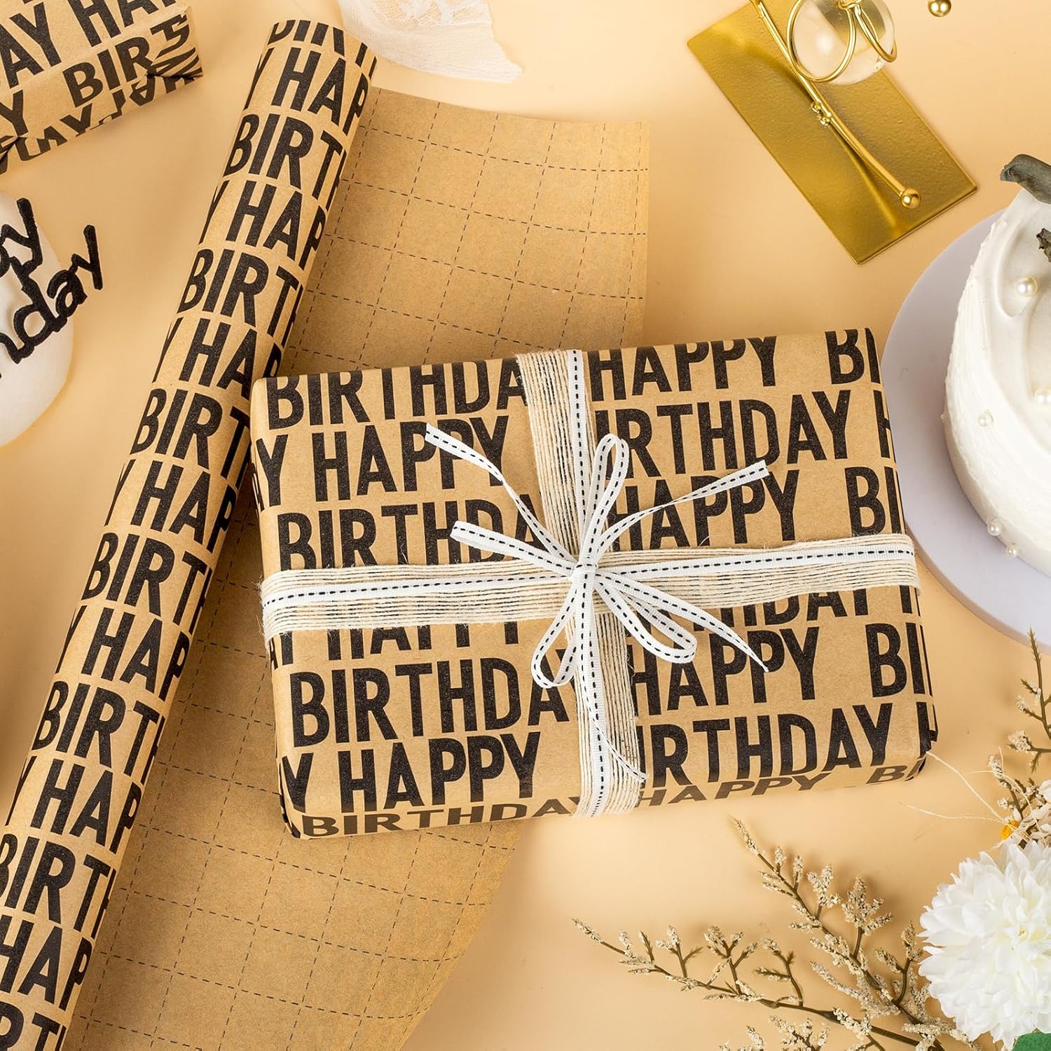 Birthday Kraft Wrapping Paper Roll, Mens Gift Wrapping Paper - 17 Inch x 33 Feet - Vintage Style Brown Black Happy Birthday Gift Wrap Thick Present Sheet for Holiday, Party, Father's Day