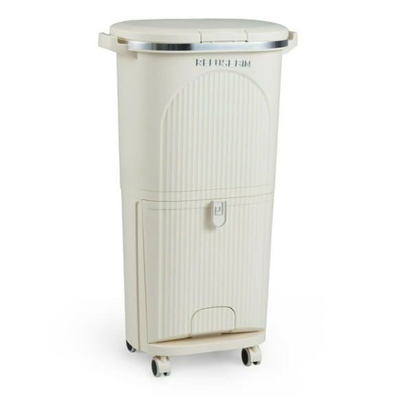 10 Gallon Kitchen Trash Can with Lid and Removable Buckets, 2-Layer Waste Container with Step Pedal and Wheels, Sorting Garbage Can for Living Room Kitchen Bathroom, Beige