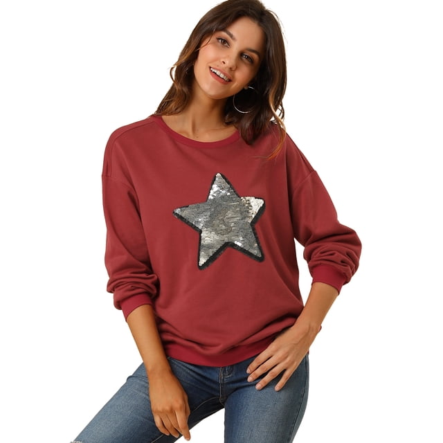 Unique Bargains Chandail en Molleton à Manches Longues Col Rond Étoile Brillant à Sequins pour Femmes