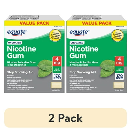 (2 pack) Equate Nicotine Uncoated Gum 4 mg, Stop Smoking Aid, Mint Flavor, 170 Count, Compare to Nicorette® Gum Active Ingredient