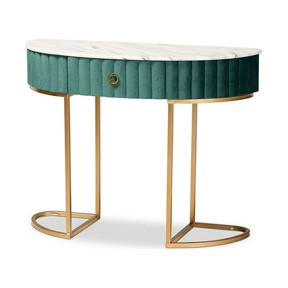 Green Velvet Upholstered & Brushed Gold Finished 1-Drawer Console Table with Faux Marble Tabletop