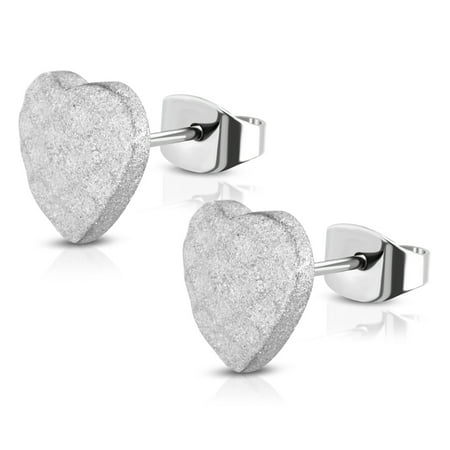 - Stainless Steel Fairy Stardust Sanblasted Love Heart Stud Post Button Earrings