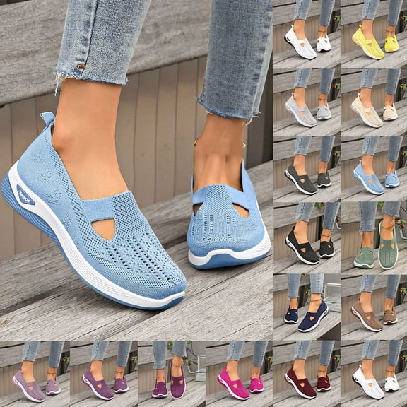 Women’s Breathable Walking Shoes-Slip On Mesh Knitted Flats Soft Gym Sneakers Flexible Lightweight Casual Easy Shoes