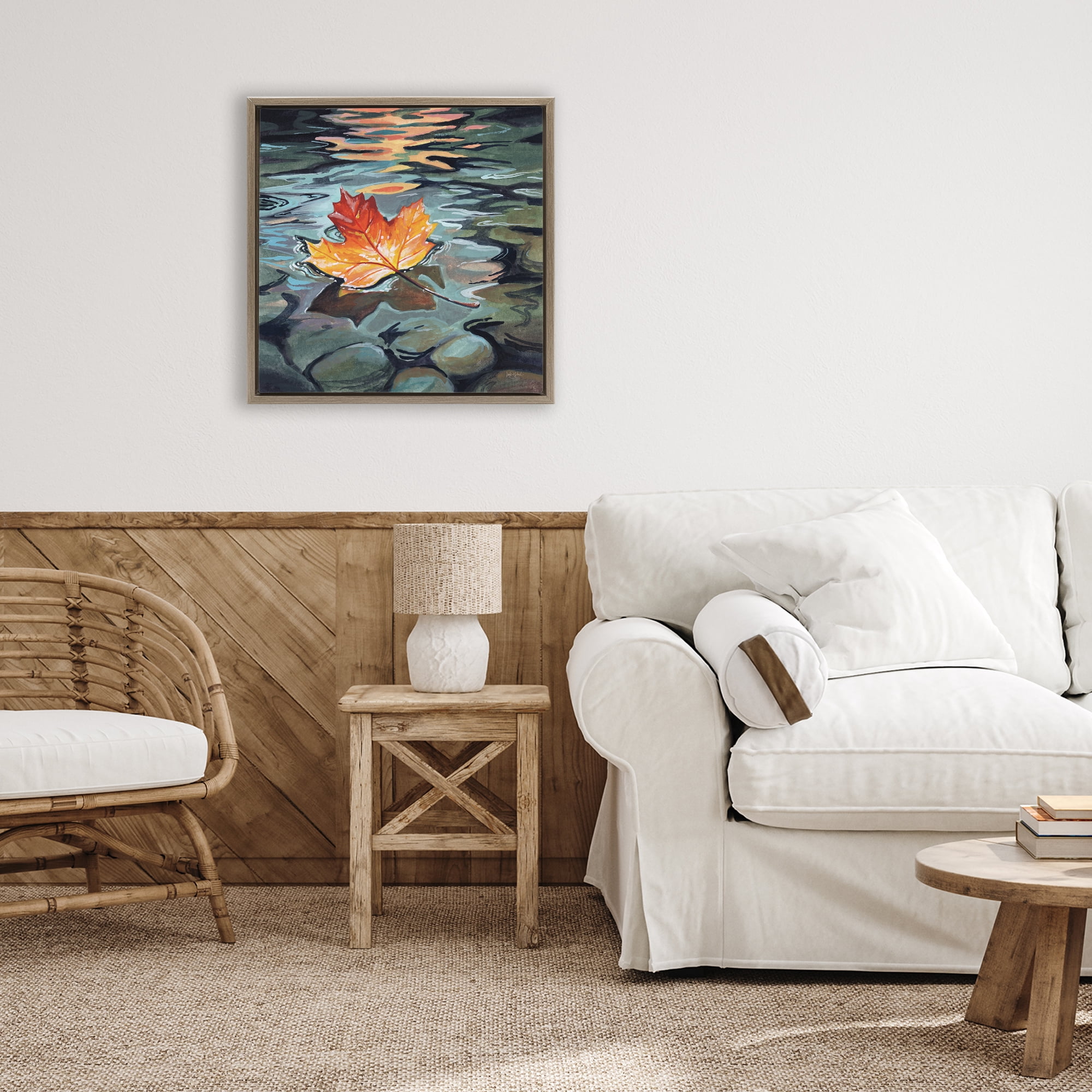 Stupell Industries Maple Leaf Floating in Stream Brown Framed Floater Canvas Wall Art, design by Kate Jarvik Birch