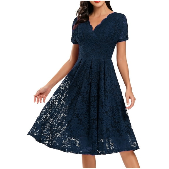 DailyTrove Women's Lace-Trimmed Midi Dress-Short Sleeve-Fit & Flare-Polyester Blend-for Date Night/Party-Delicate Lace Trim