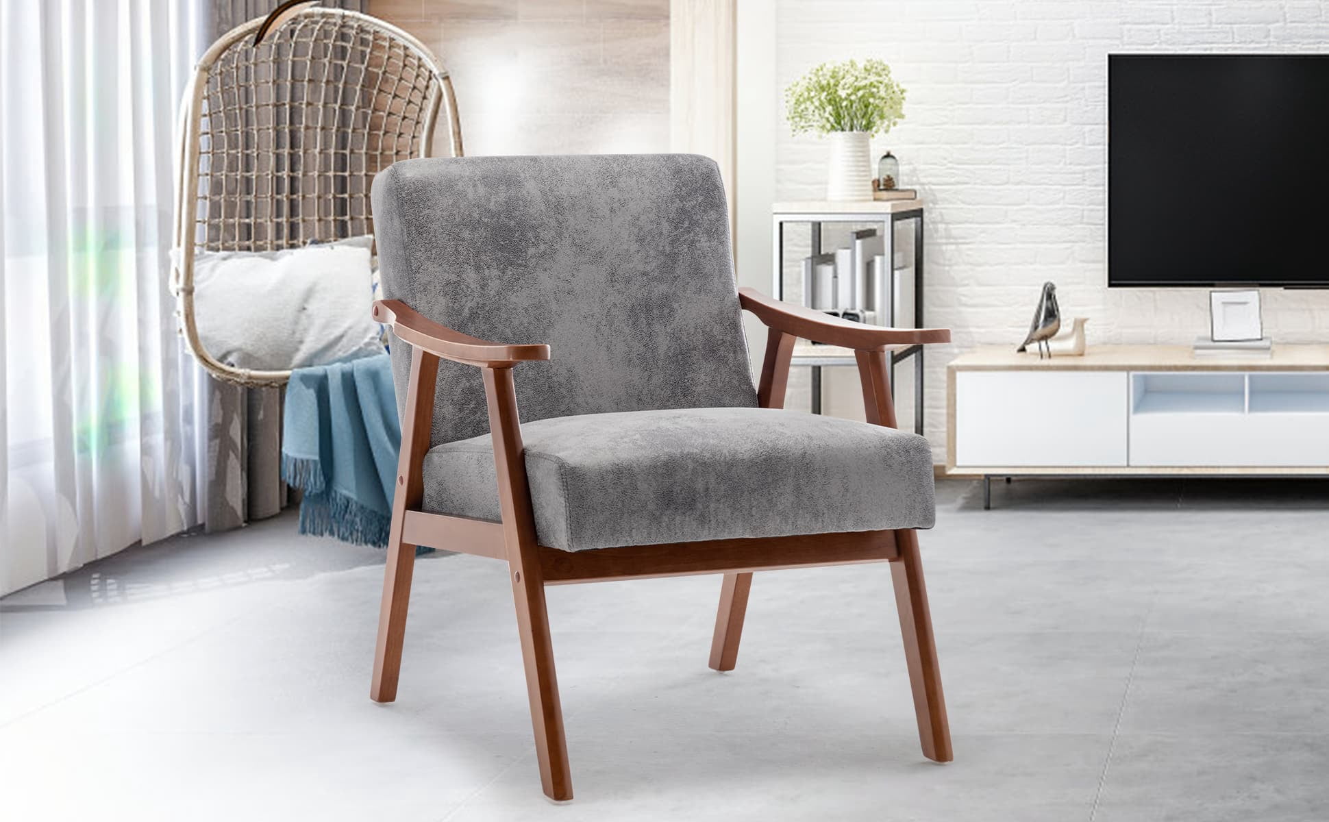 MAYEERTY Mid-Century Modern Chair Solid Wood Frame Accent Chair Extra-Thick Backrest Wingback Lounge Indoor Living Room Bedroom Reading Room