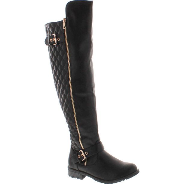 Forever Link FOREVER MANGO41 Womens Buckle Strap Quilt Shaft Knee High Boots, Black, 5.5