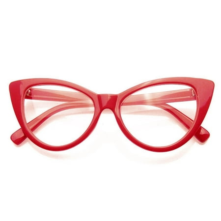 Emblem Eyewear - Super Cat Eye Glasses Vintage Fashion Mod Clear Lens Eyewear (Red,