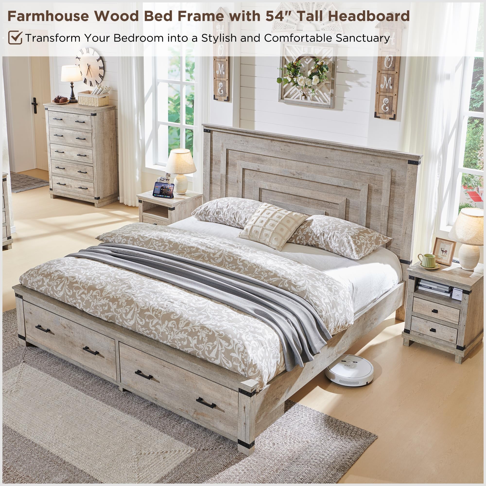 OKD Queen Size Bed Frame W/ 54" Tall Geometric Headboard, Farmhouse Wood Platform Bed W/ 2 Large Storage Drawers, No Box Spring Needed, Light Rustic Oak