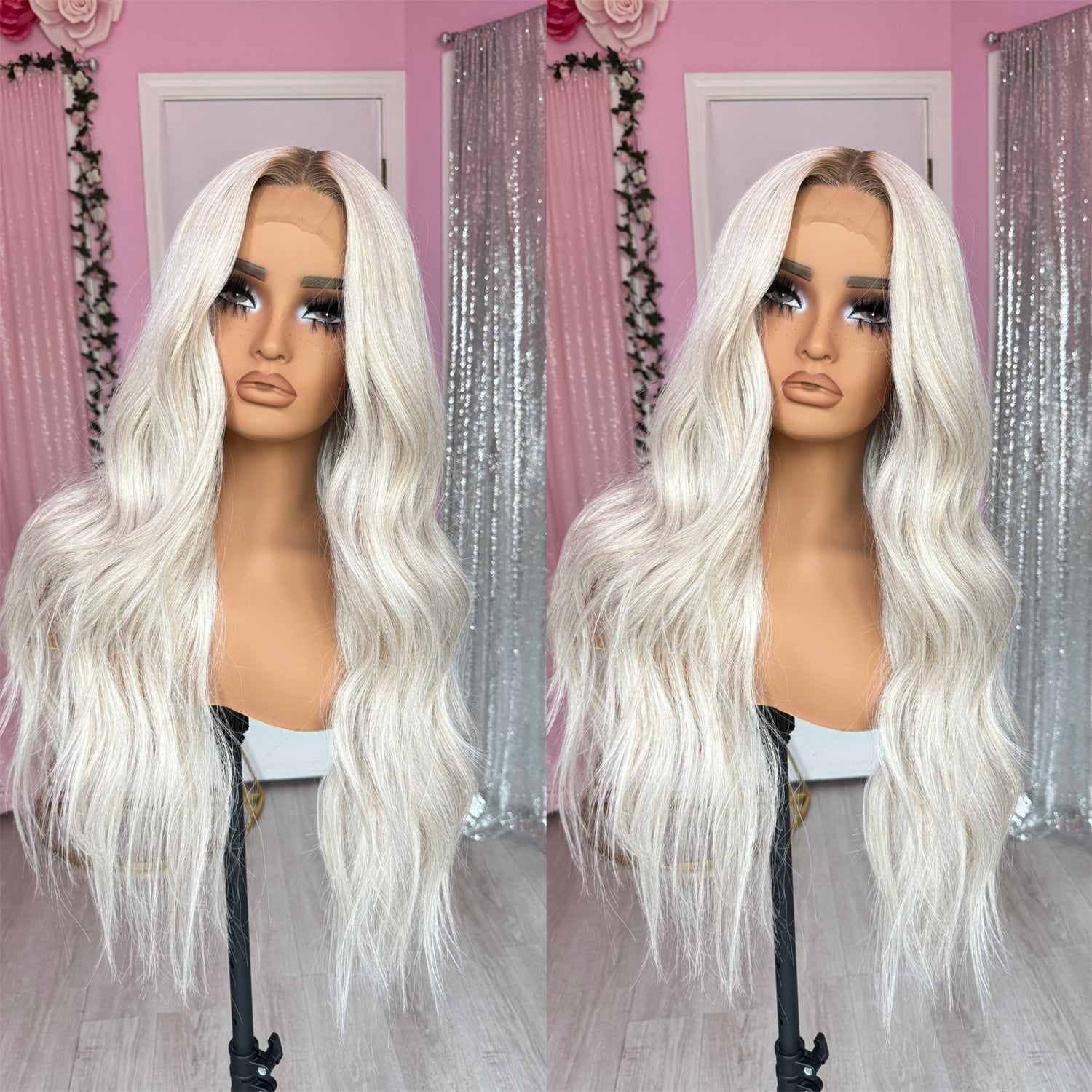 Summer Glacier Platinum Blonde Invisible Root Smudge Brazilian Virgin Human Hair Wig 180% Density Body Wave T Part Lace Wigs Human Hair Pre Plucked Natural Hairline Wig Human Hair With Baby Hair