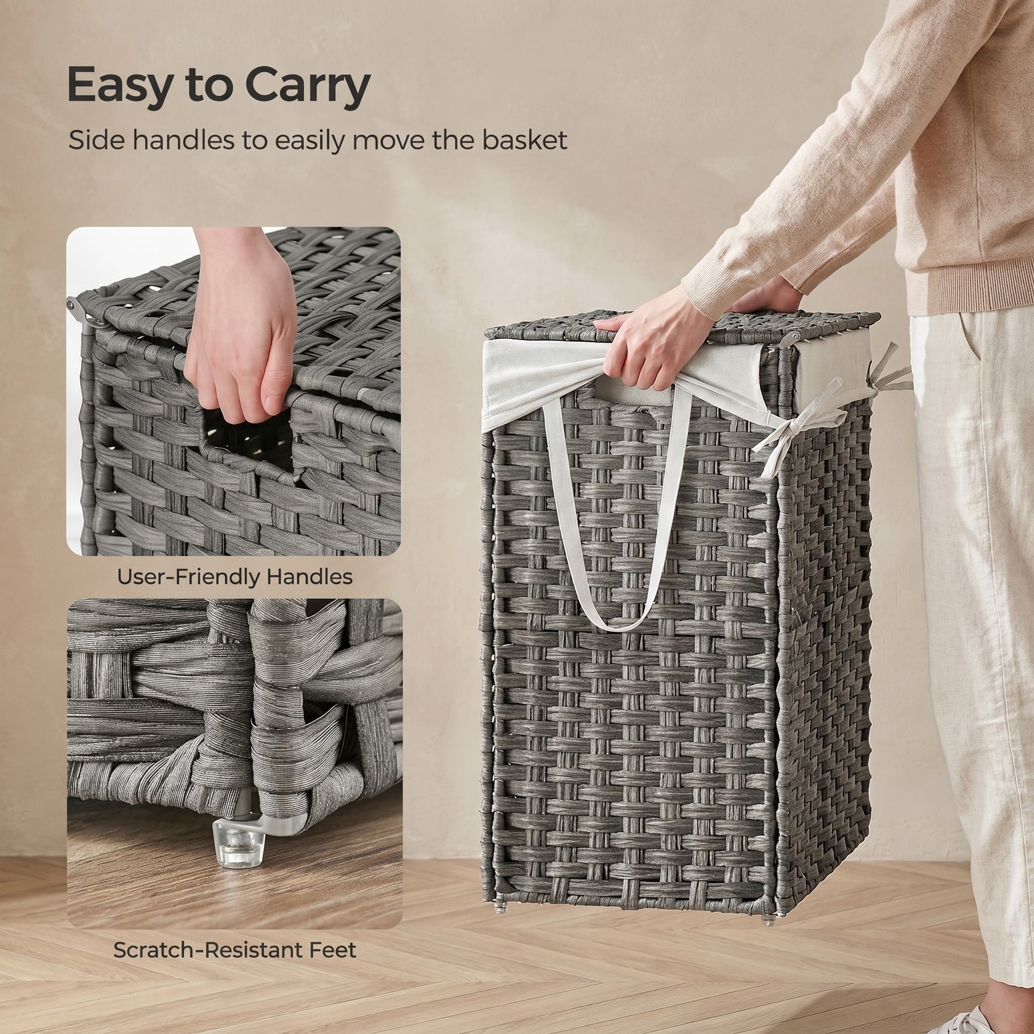 Nordic Hygge 23.8 Gal. Dove Gray Synthetic Rattan Laundry Hamper with Lid and Removable Liner