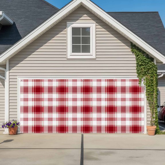 Red Checkered Garage Door Cover Banner 7 x 16 FT, Red White Plaid Farmhouse Garage Door Curtains Backdrop with Grommets for Indoor Outdoor Wall Party Porch Yard Decorations Background