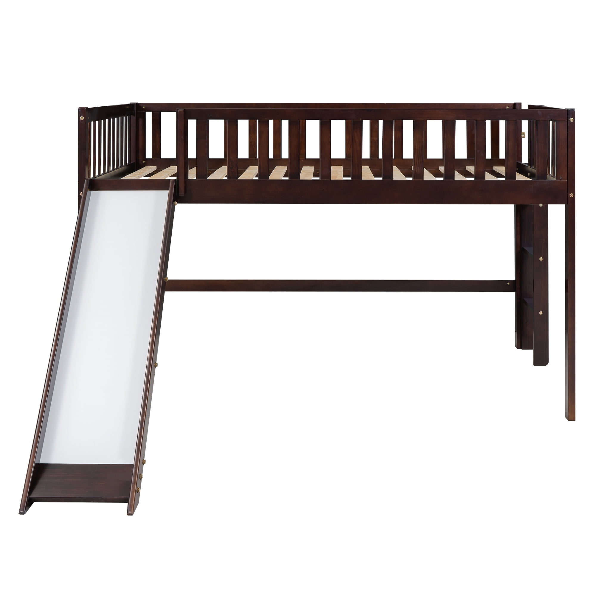 Euroco Wood Full Size Loft Bed, Low Profile Bed with Vertical Ladder and Slide for Kids Teens, Espresso