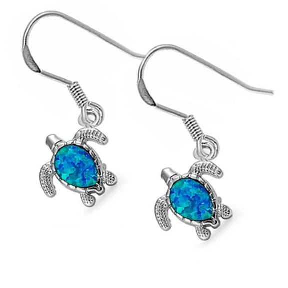 Blue Simulated Opal Sea Turtle Fishook Earrings Sterling Silver