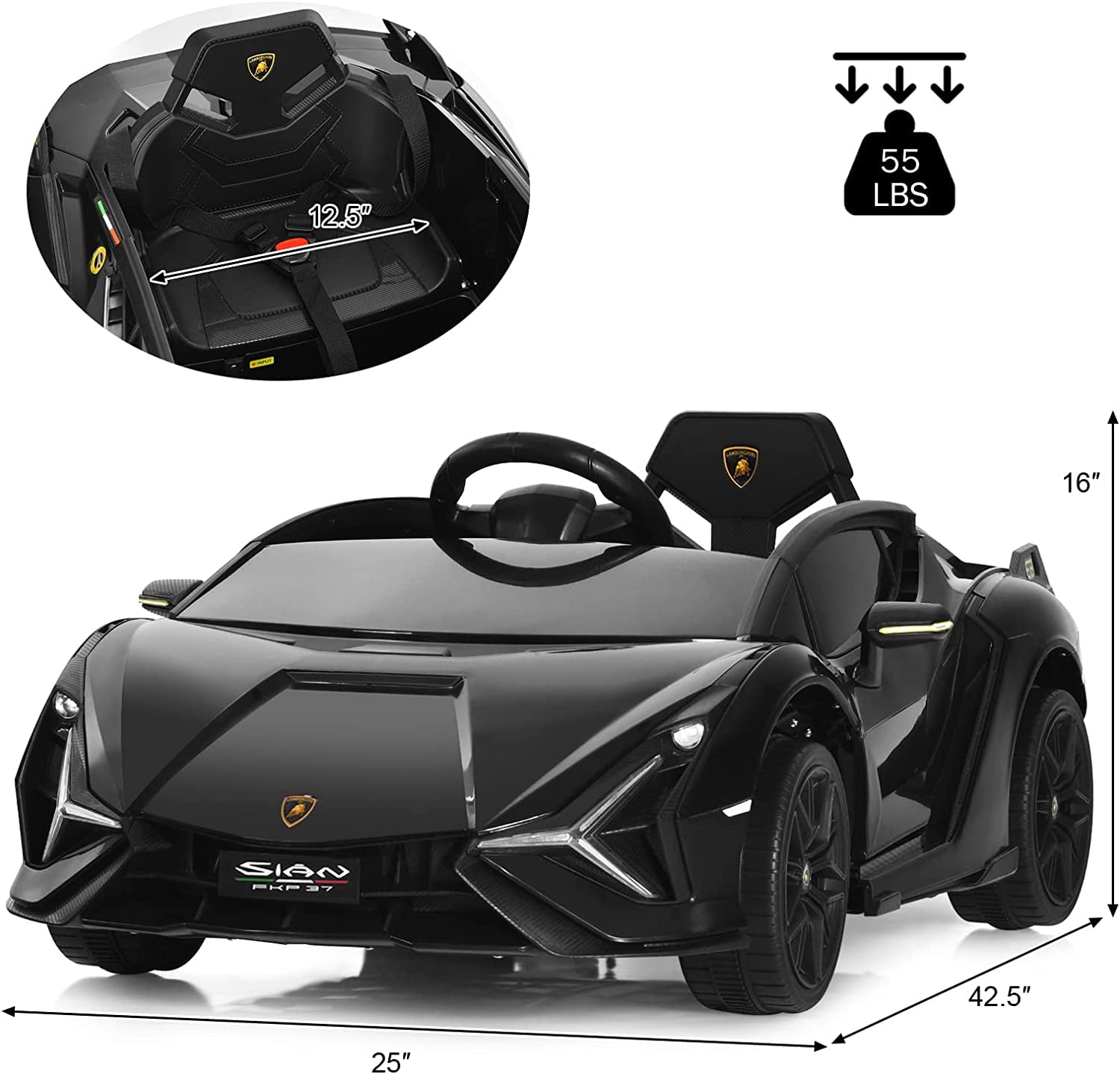 OLAKIDS 12V Licensed Lamborghini Sian Kids Ride On Car with Parent Remote Control, Spring Suspension, MP3 Player, Electric Toy Roadster Carbon Fiber Textured for Toddler Children(Black)