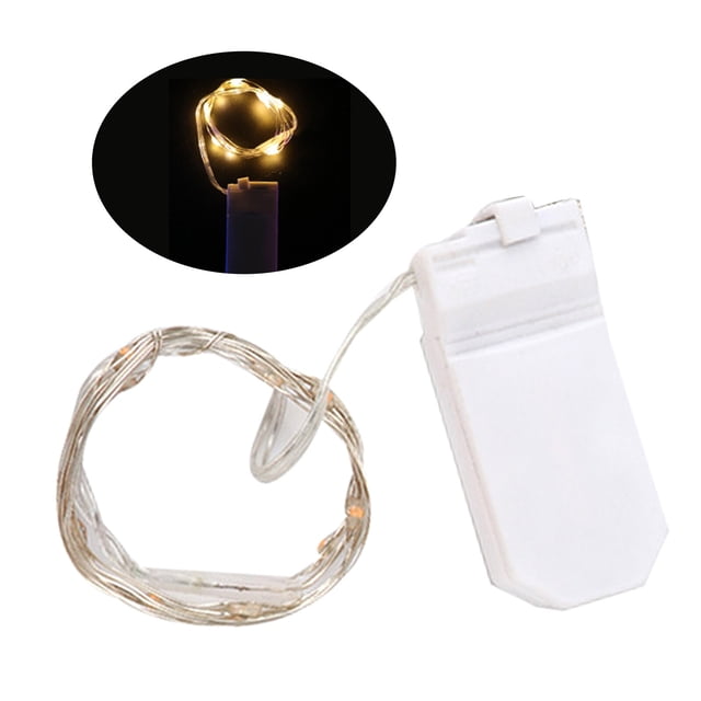 Yeacher LED fairy lights with silvery copper wire and a compact battery box. The string lamp emits warm light and is flexible, ultra-thin, and sturdy, ideal for novelty lighting, gift boxes, wedding centerpieces, parties, and Christmas table decor. Features 10 LEDs on a 1m wire, powered by two CR2032 button cells. Waterproof with an IP67 rating.