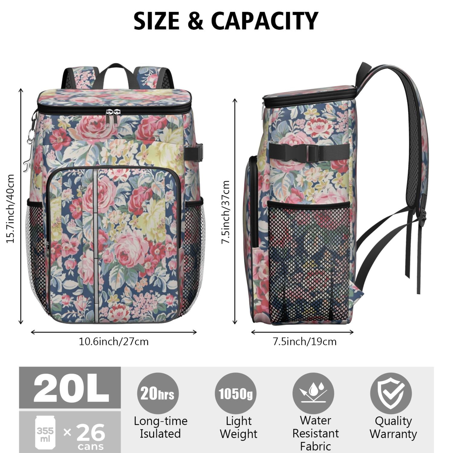 Travel Cooler Bag - Pioneer Flower Floral Print Pattern Camping Beer Cooler Backpack with Bottle Opener- Waterproof Insulated Picnic Backpacks - Cooler Bag for Beach