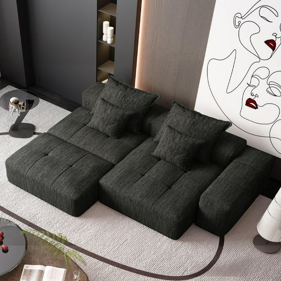 Modern Oversized Modular Sectional Sofa with Ottoman,Seat,Chaise Lounge and Armrest,Sparkling Chenille Fabric Soft Cushion Sofa with 4 Pillows,4 Pcs Diy Combination Sofa,No Assembly Required (Black)
