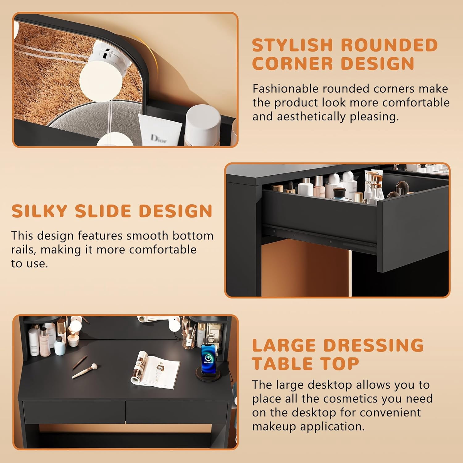 Black Small Vanity Desk with Lighted Mirror and Power Outlet, Pipleo 31.5" Makeup Table with 2 Drawers & 6 Storage Shelves, Women Girls Vanity for Small Space, Easy Assembly