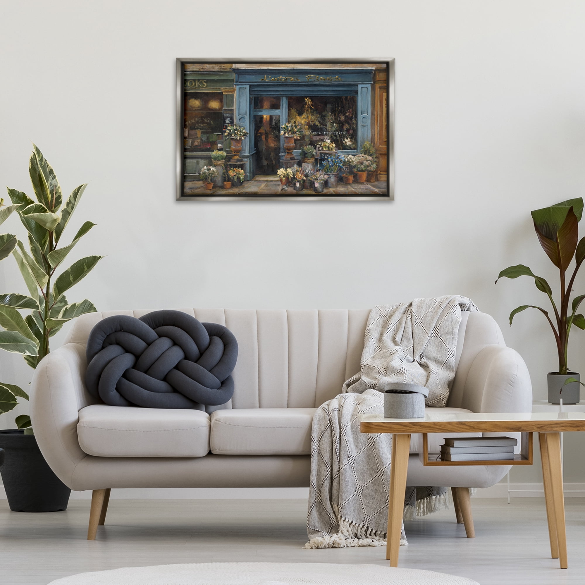 Stupell Industries Florist Shopfront in Town Buildings & Architecture Painting Gray Floater Framed Canvas Art Print Wall Art, 31 x 21