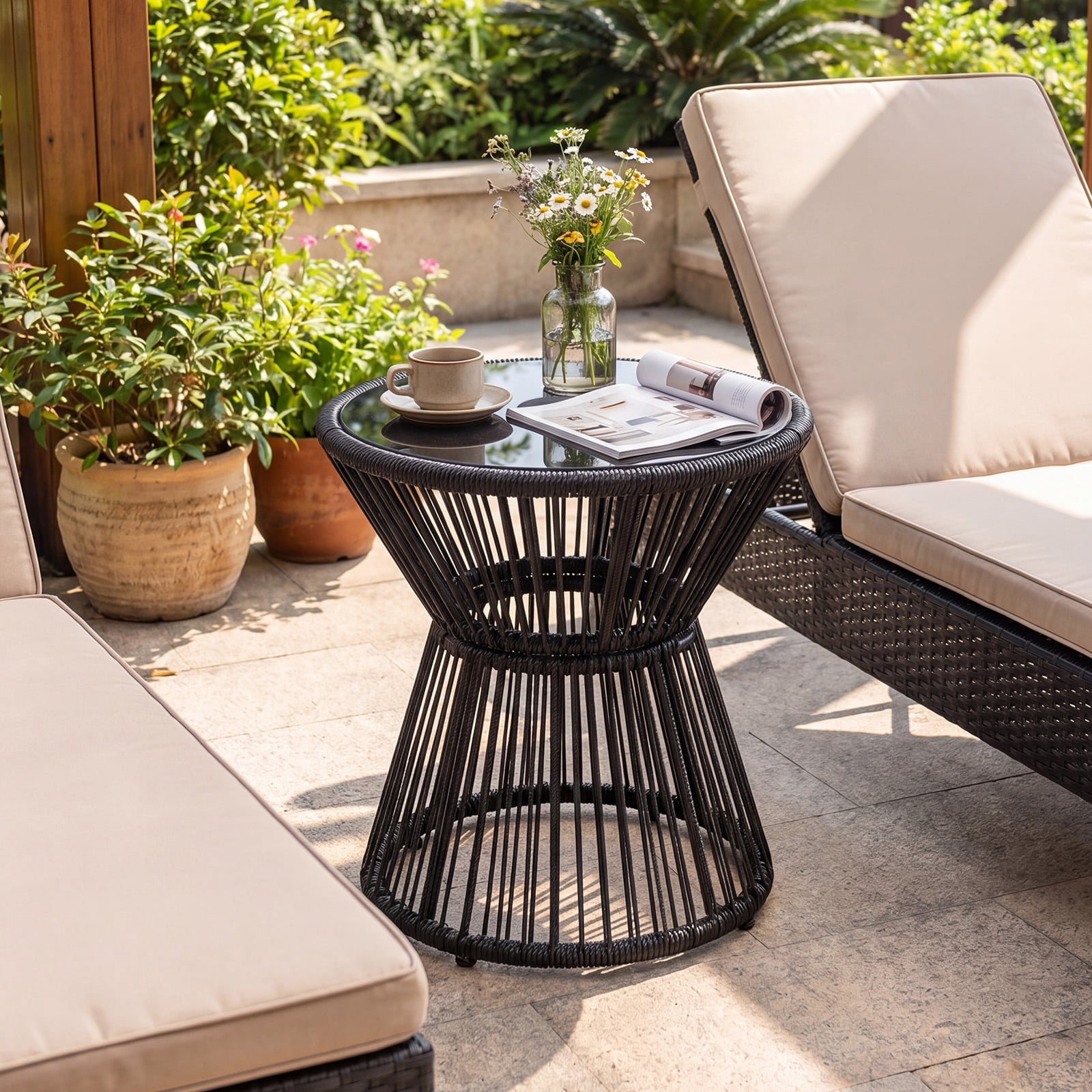 Gymax Outdoor Side Table w/ LED Warm Light PE Rattan Hourglass-Shaped End Table