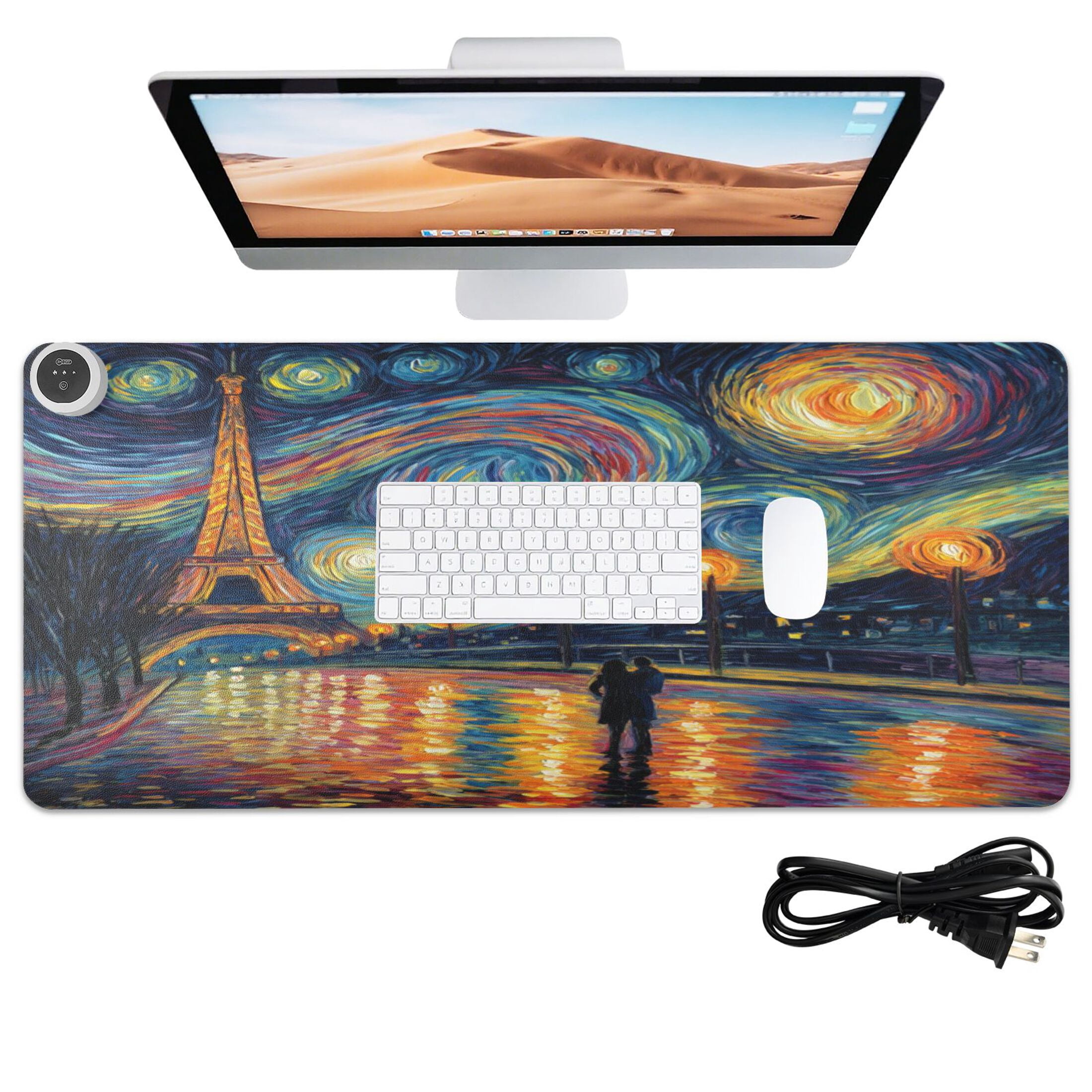 Large Heated Desk Mat Mouse Pad 31.5"x13"PU Leather Graphene Heating Desk Warmer with 3 Temperature Settings 110V US Plug Non-Slip Warm Pad for Home, Office, and Gaming Eiffel Tower under The Stars