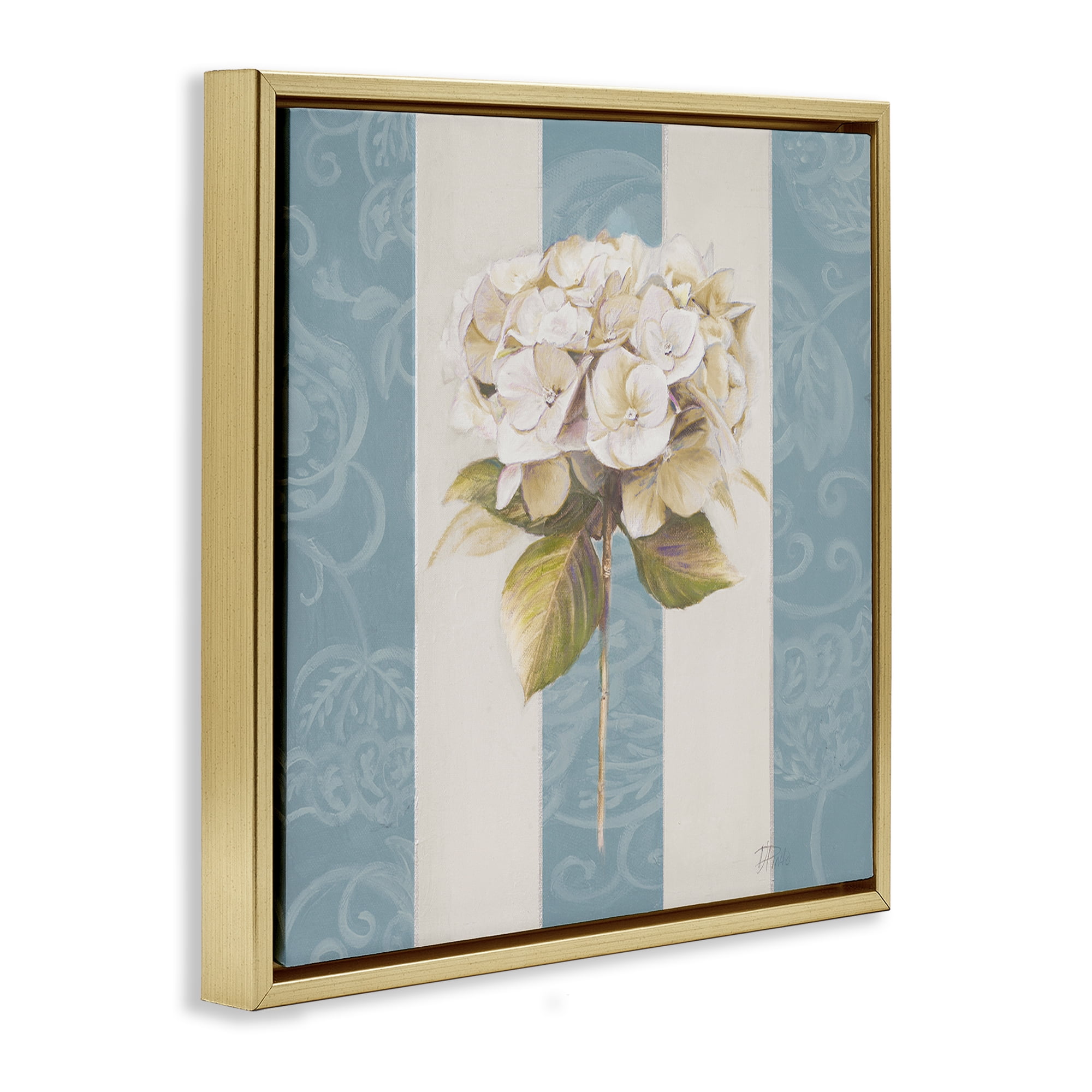 Stupell Industries Hydrangea Sprig on Stripes Plants & Flowers Painting Gold Floater Framed Canvas Art Print Wall Art, 18 x 18