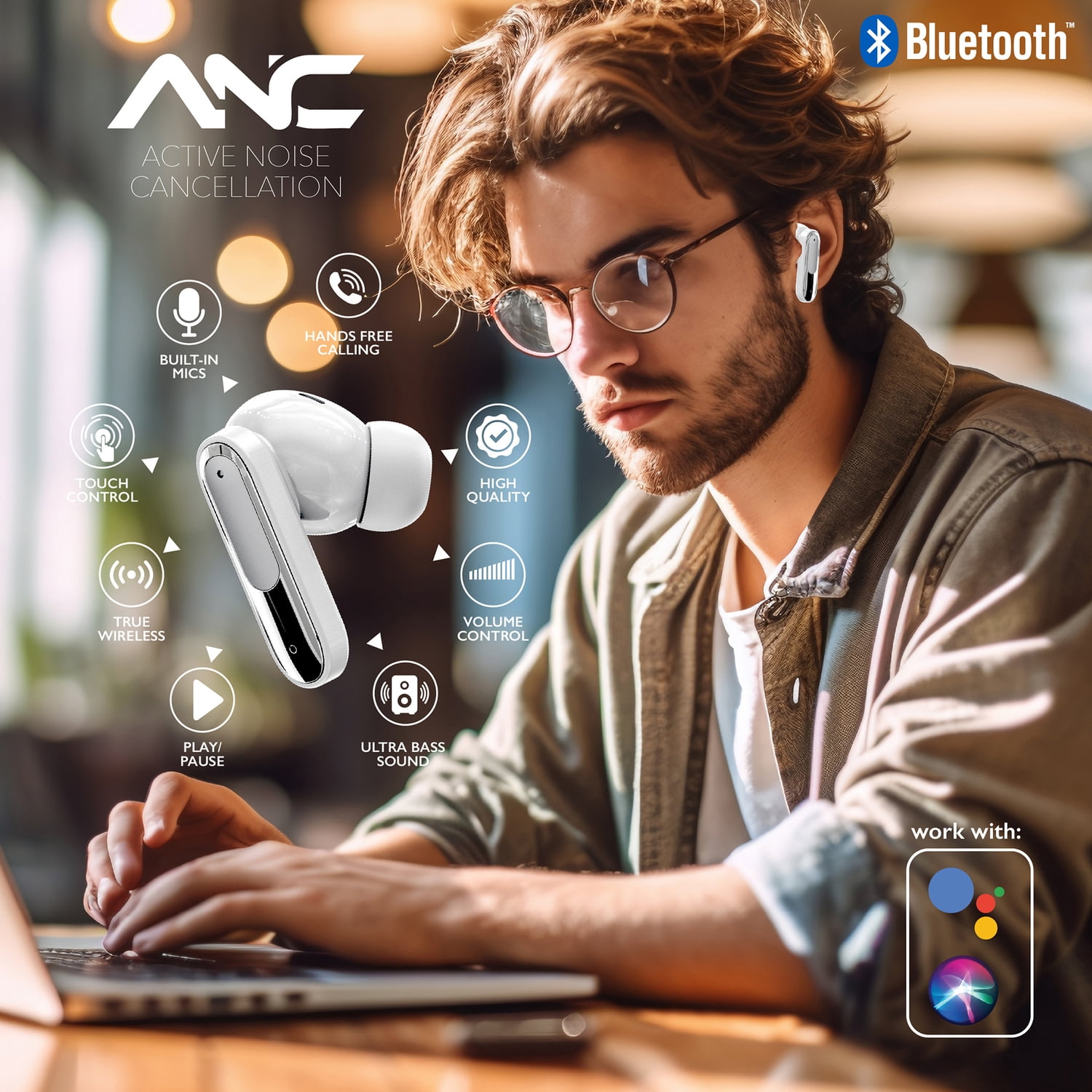 RCA WAVE-45 TWS Bluetooth In-Ear Earbuds with Mics, On-Ear Controls, ANC, Charging Case with Touch Screen, up to 6 Hours Play Time , White