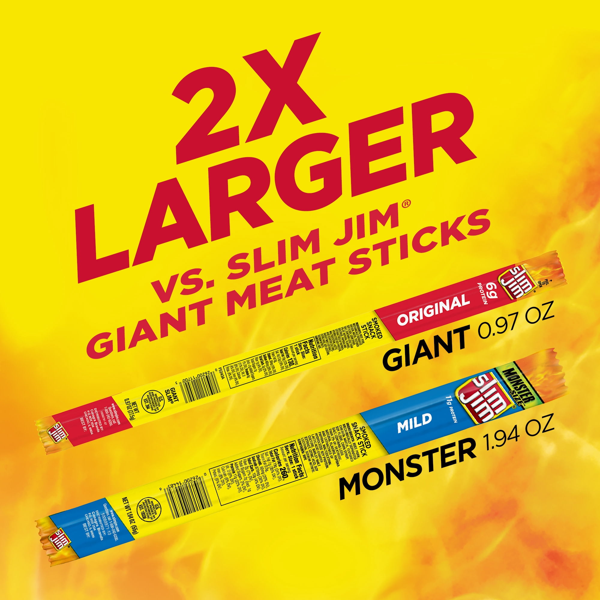 (3 pack) Slim Jim Monster Smoked Meat Sticks, Mild Flavor, 11g Protein Per Stick, 1.94 oz.