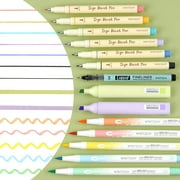 RTHG-Lettering Brush Markers Highlighters: Sign Brush Pens Assorted Color Highlighter Liquid Fineliner Pen Multicolor Ink Dual Tip Brush Marker Bulk Journaling Drawing Writing Set No Bleed 14ct