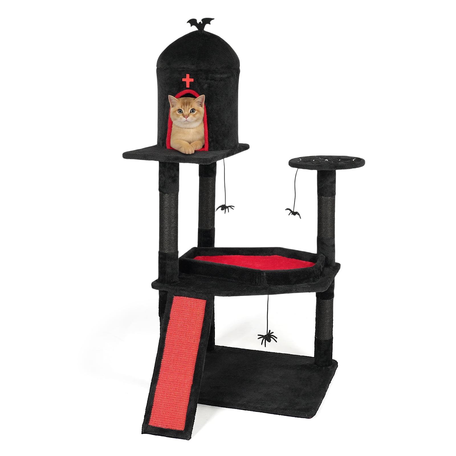 Ktaxon Large Halloween Cat Tree w/ Coffin Hideout & Scratcher, 2-Level for Large Cats, Black Red
