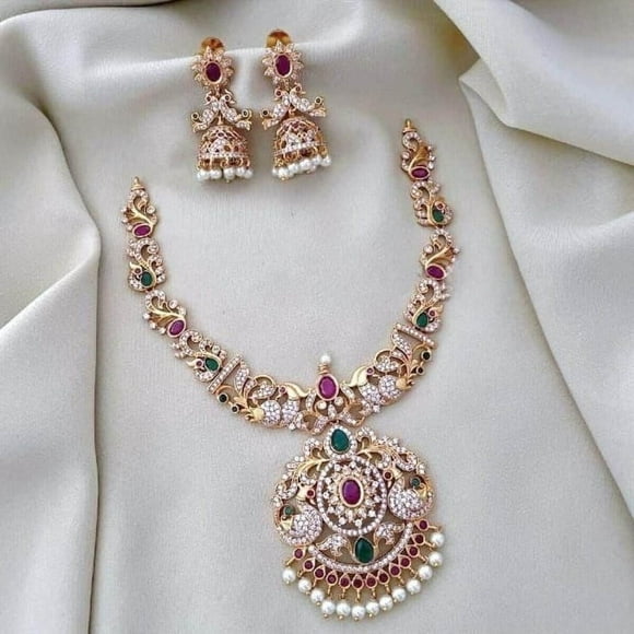 Gold Plated Necklace with Jhumka Earrings - Peacock AD Ruby & Green Kemp Stones, South Indian Bridal Jewelry, Antique Bollywood Wedding Jewelry Set