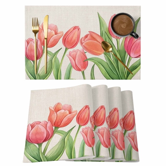 Pink Tulip Placemats Set of 8 Spring Floral Summer Botanical Linen Vintage Place Mats Indoor Wipeable Table Mats Washable Cloth Dining Table Placemats for Kitchen Holiday Party Home Decor 13x19 Inch