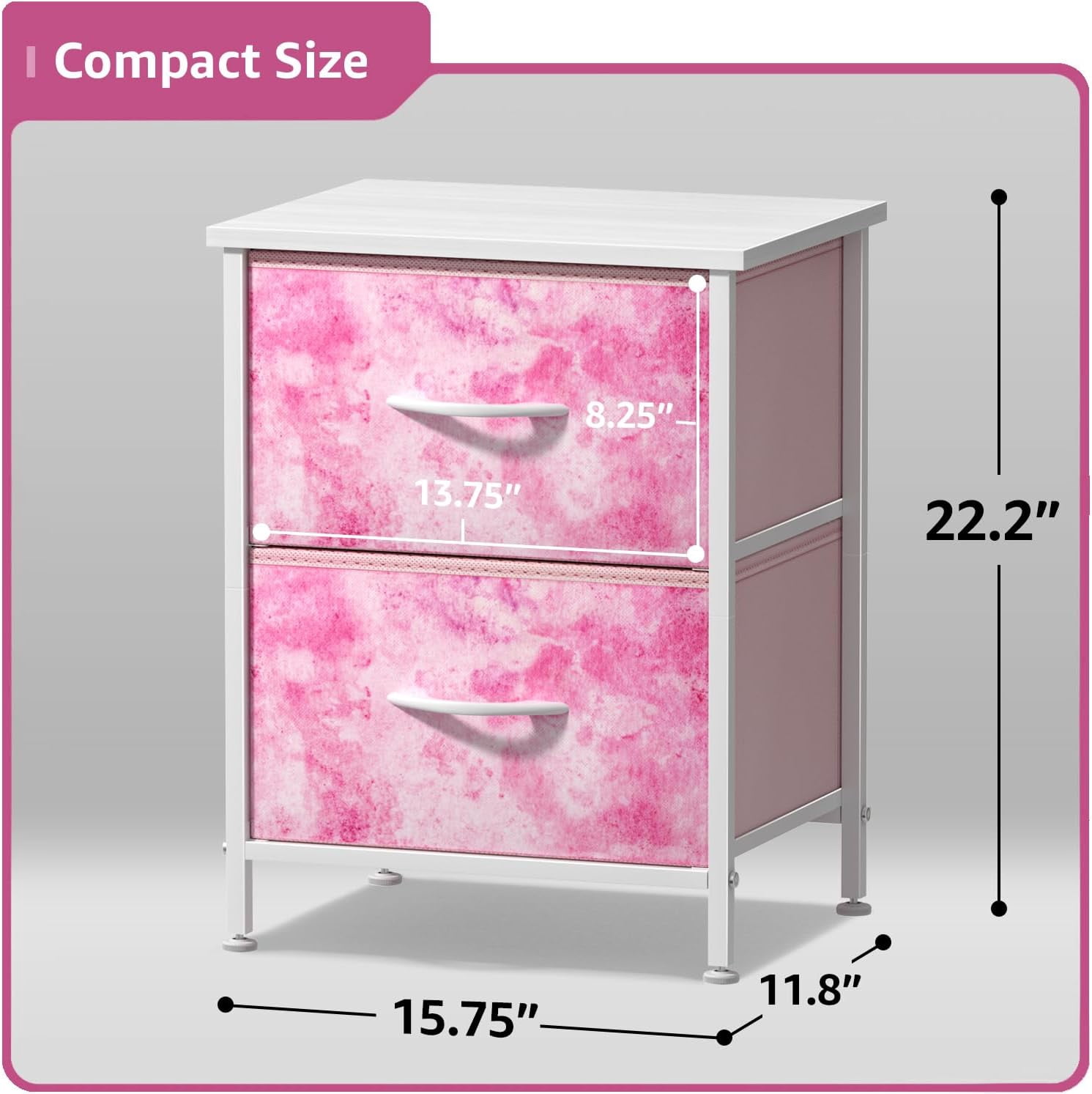 Sorbus Nightstand with 2 Drawers, Steel Frame, Wood Top, Fabric Bins, Tie-Dye Pink