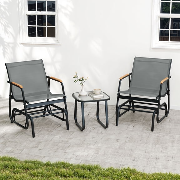 Uforic 3-Piece Patio Furniture Set, Outdoor Textilene Glider Bistro Set with 2 Glider Chairs & Tempered Glass Coffee Table, Heavy Duty Outdoor Seating Set for Backyard, Garden, Balcony, Gray