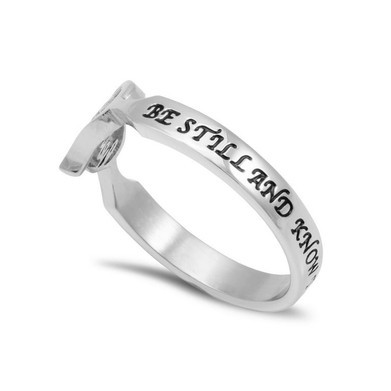 BE STILL Word Ring with Heart Bible Verse, Stainless Steel