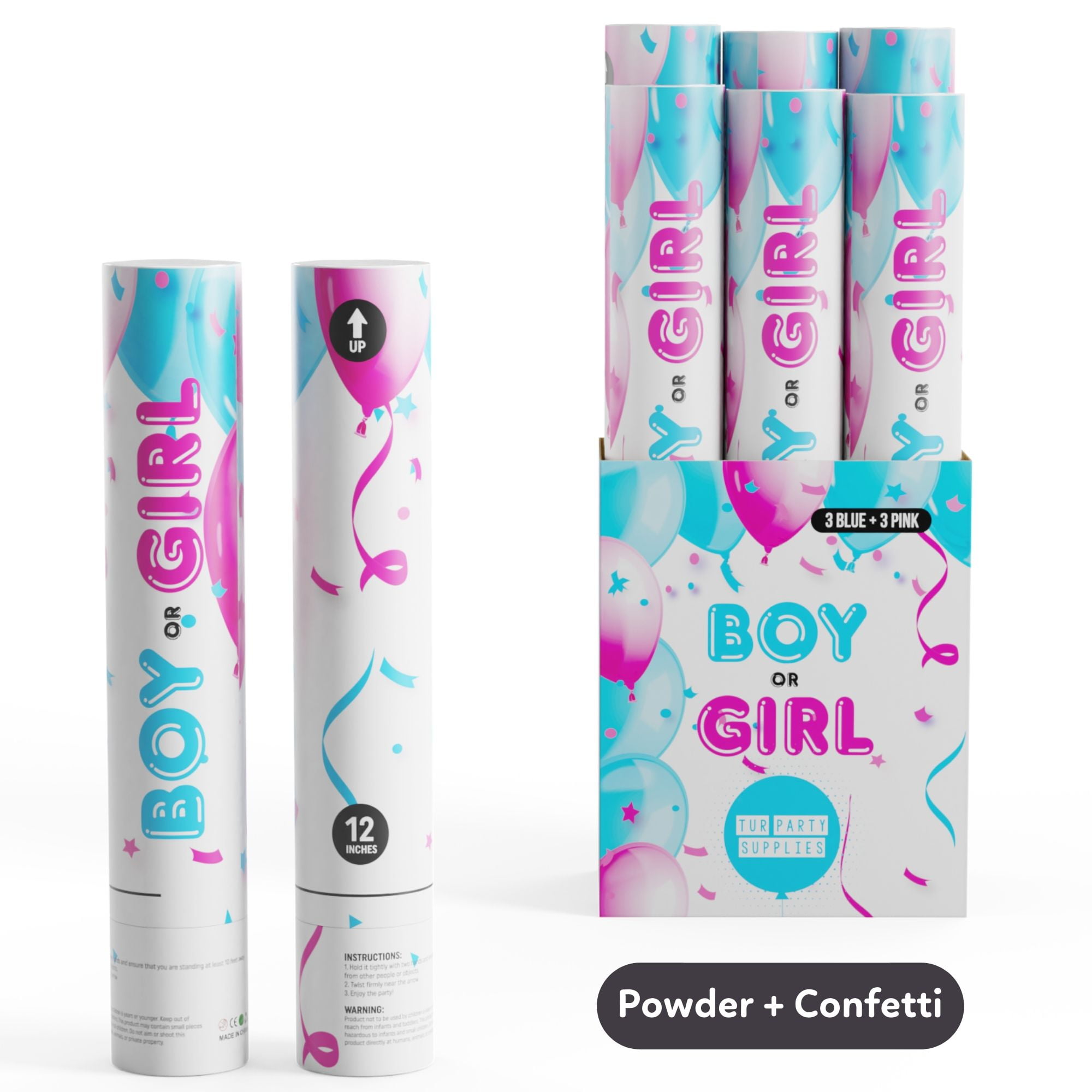 TUR Party Supplies 12 inch Confetti + Powder Cannons for Gender Reveal