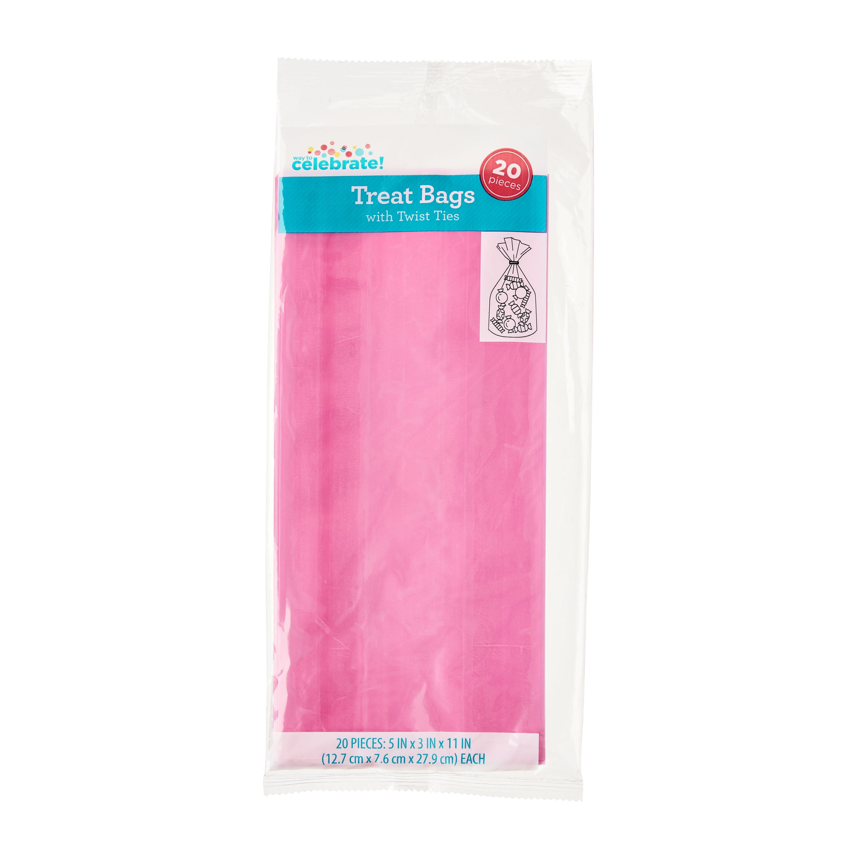 Pink Treat Bags with Twist Ties, 5" x 3" x 11", 20 Pieces, by Way To Celebrate