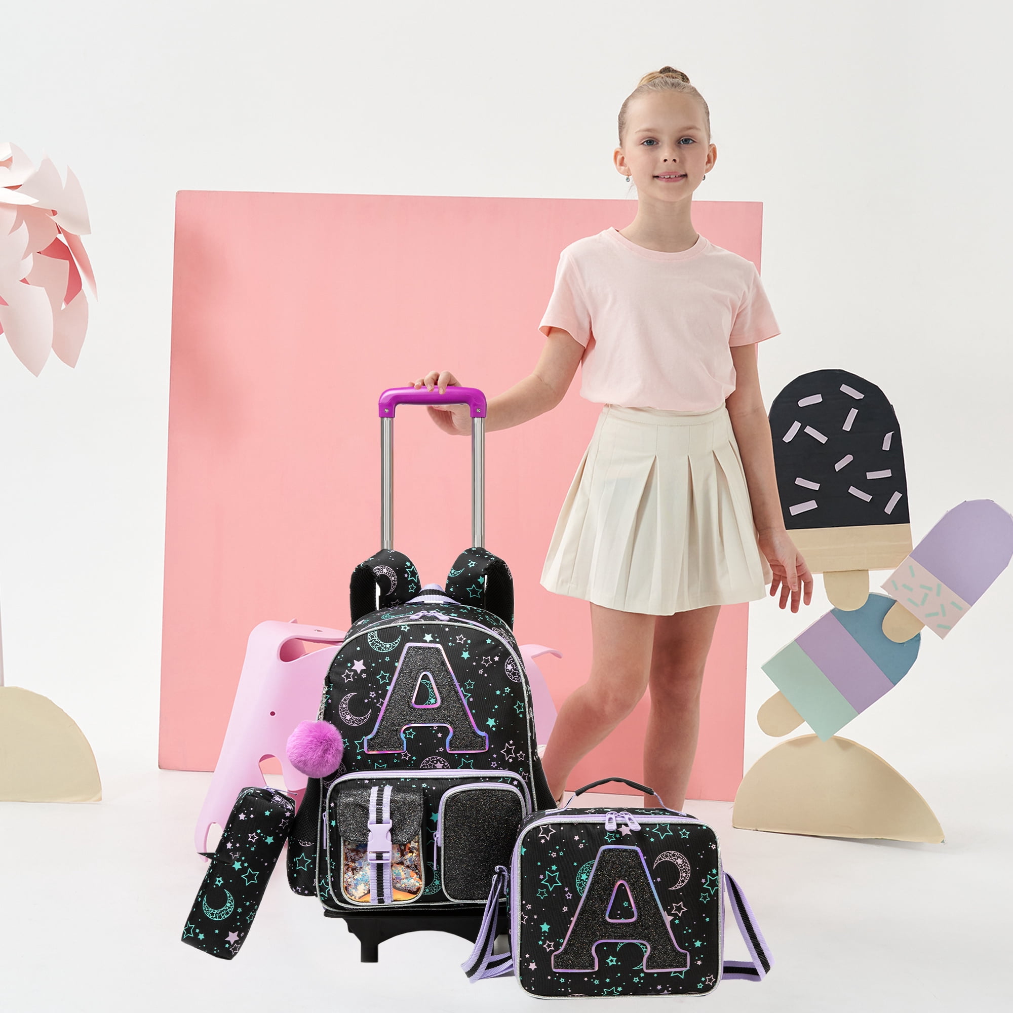Kids Rolling School Backpack for Girls with Wheels Sequin Cute Carry on Roller Bookbag,Backpacks with Lunch Box for Elementary Student